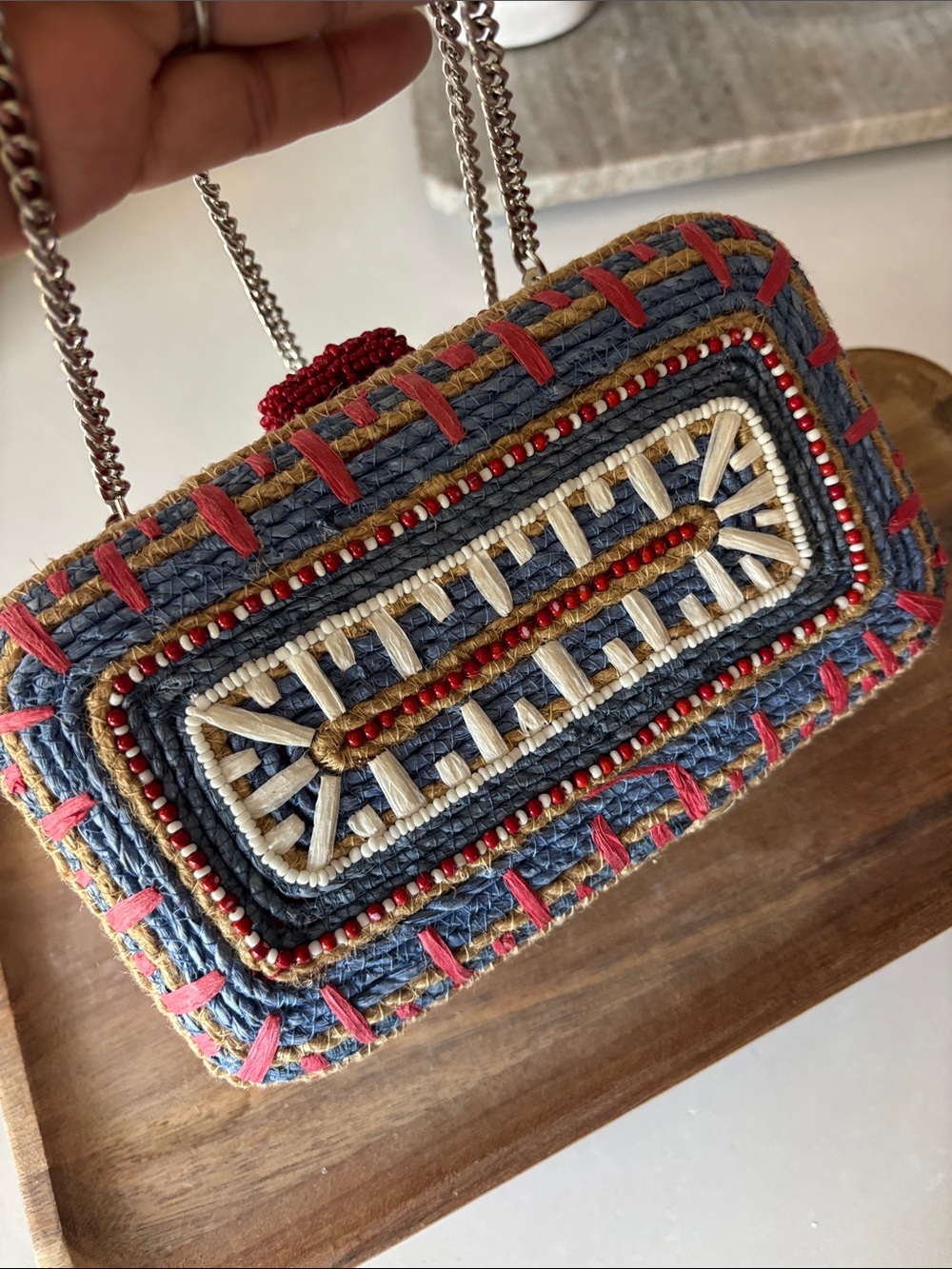 ❤️… Zara Handcrafted Blue and Red Beaded Crossbody Clutch